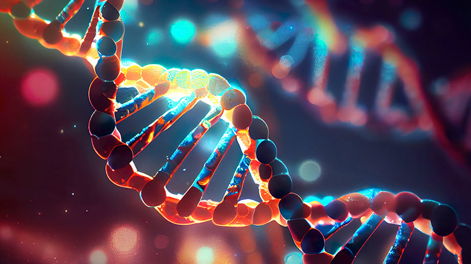 Illustration of a glowing DNA double helix with brightly colored bases and a soft, abstract background, symbolizing concepts in molecular evolution, genetic variation, and the emergence of new biological functions.