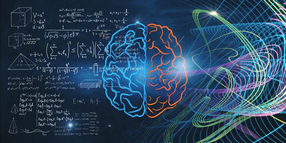 Digital illustration of a human brain split down the middle: the left side is filled with white mathematical equations, diagrams, and formulas, while the right side is surrounded by colorful, flowing lines and abstract wave patterns against a dark blue background.